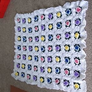 Vintage Rose Granny Square Crochet Blanket Afghan Handknit floral multic…